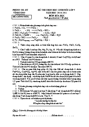 Đề thi chọn học sinh giỏi môn Hóa học Lớp 9 - Năm học 2010-2011 - Phòng GD và ĐT Vĩnh Tường (Có đáp án)